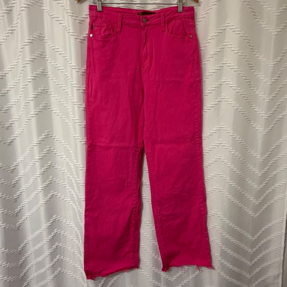 Judy Blue Hot Pink Garment Dyed High Rise Straight Leg Raw Hem Jeans 11/30